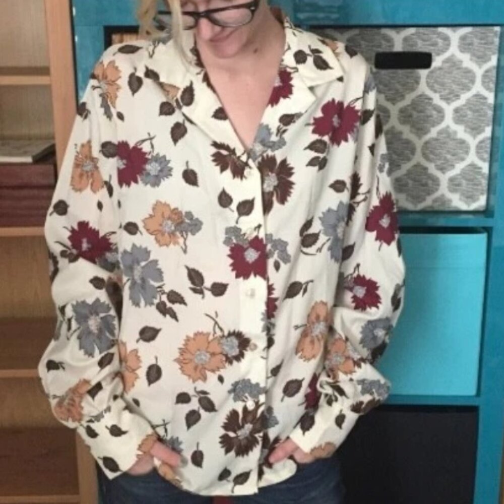Vintage Sears Floral Button Up Blouse Fall Colors Retro 70s Artsy Cottage